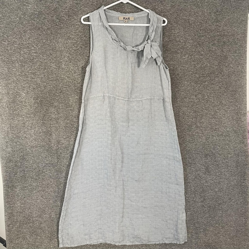 FLAX Dress Womens Small Gray Linen Scoop Neck Maxi Shift Bow Sleeveless Sundress